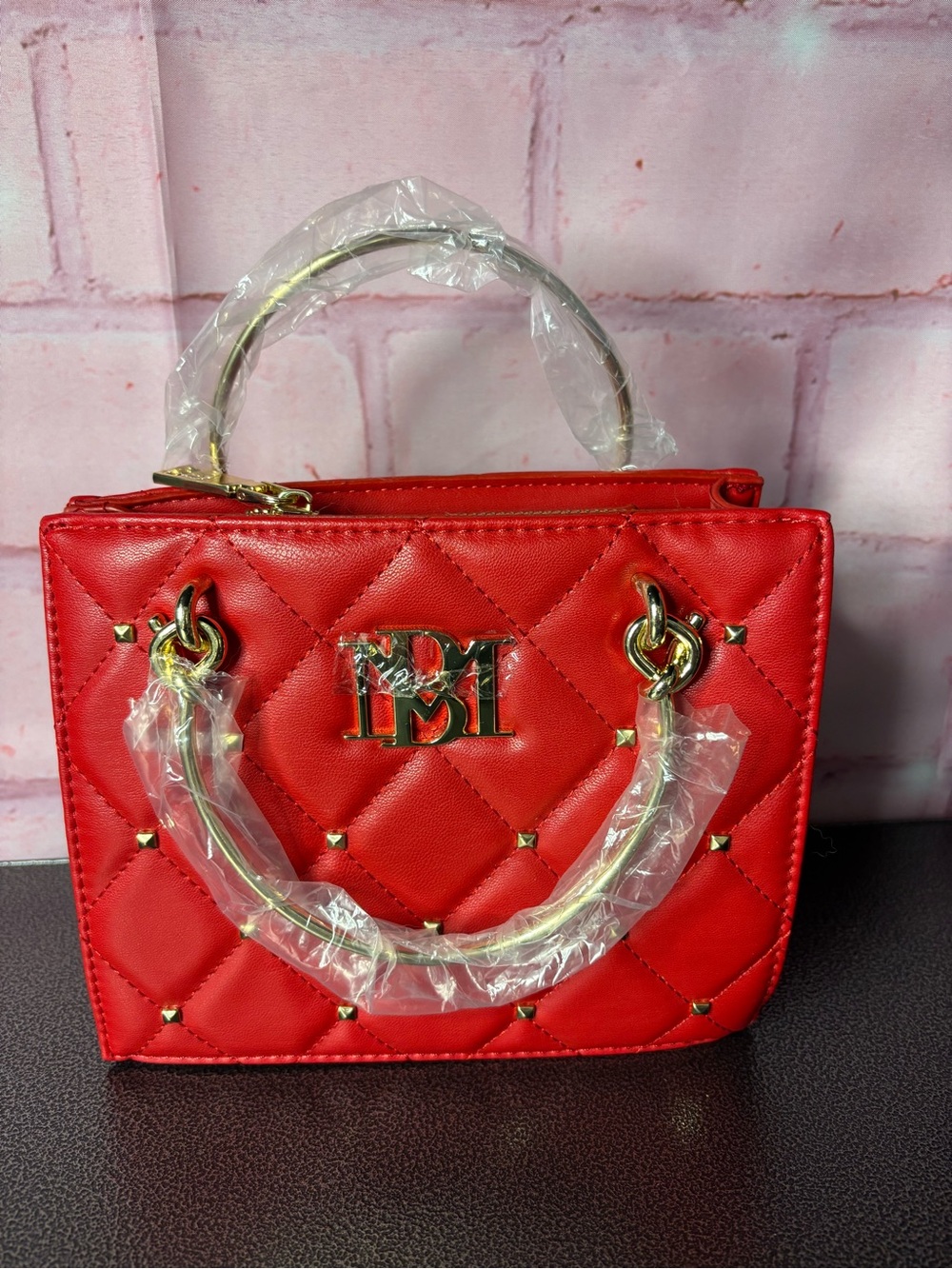 Badgley Mischka Red Quilted Mini Top-Handle Satchel with Gold Hardware
